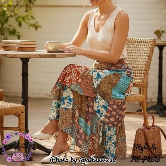 Kori Patchwork Hi-Low Maxi Festival Western Cowgirl Skirt Sz M - Picture 3 of 14